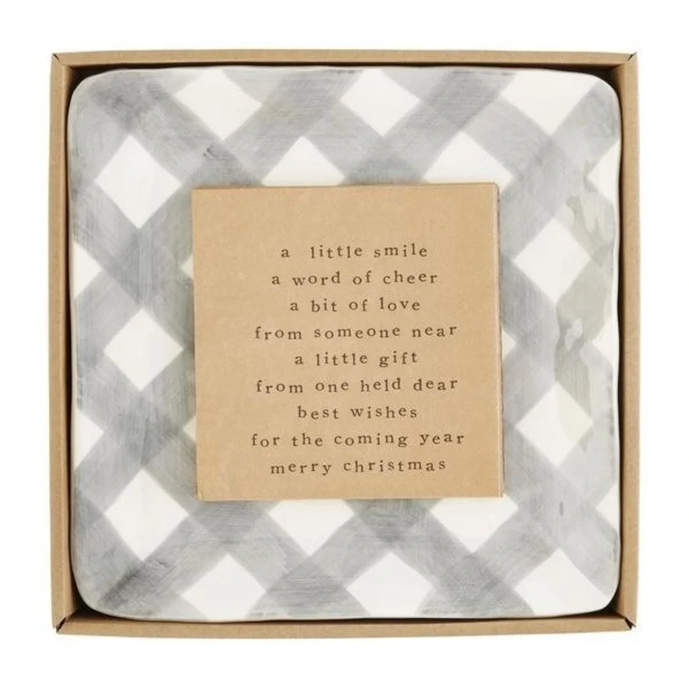 New Mud Pie holiday Gray Buffalo Plaid Cheese Plate Set in original packaging